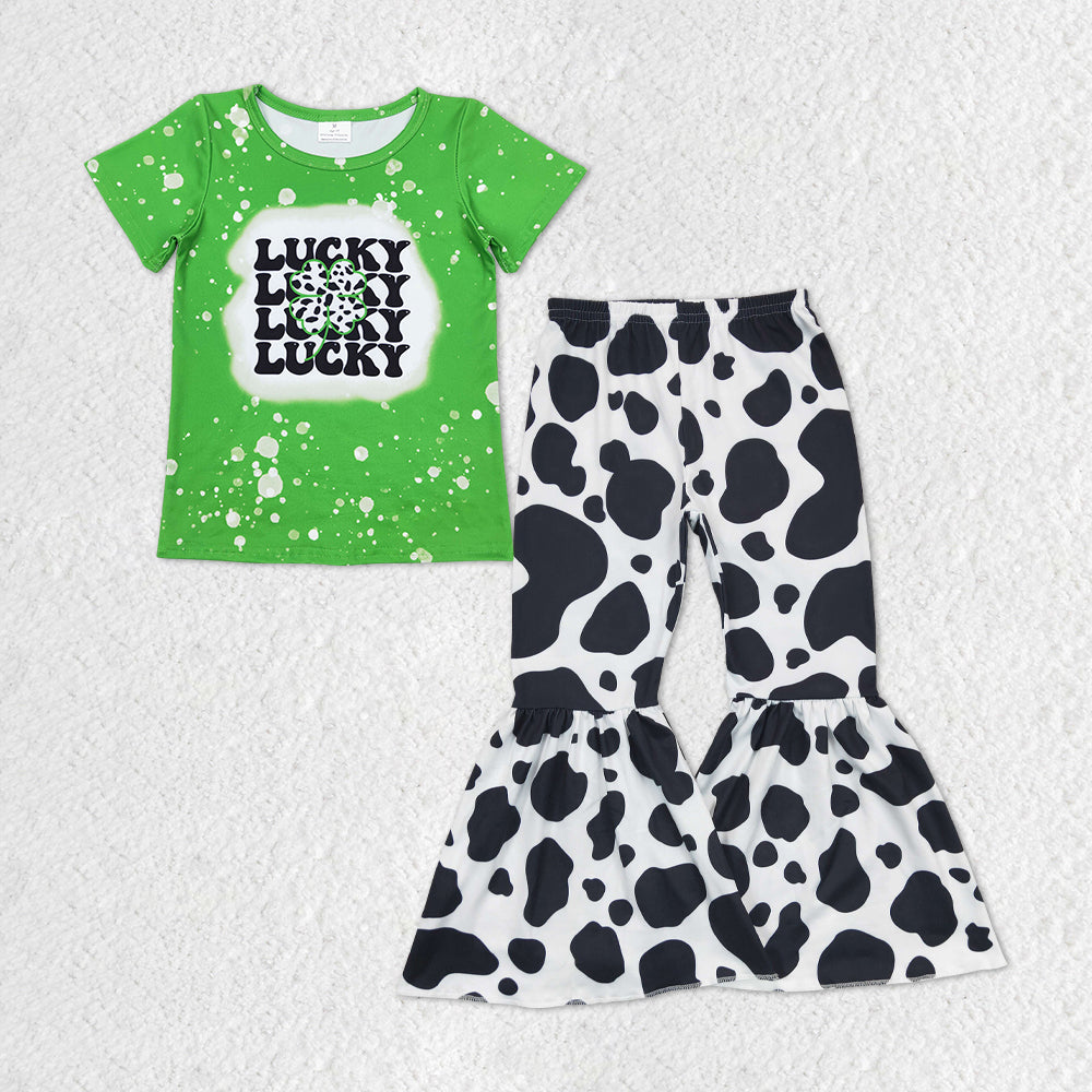 Baby Girls Lucky Green St Patrick Day Shirts Tops Cow Bell Pants Clothes Sets