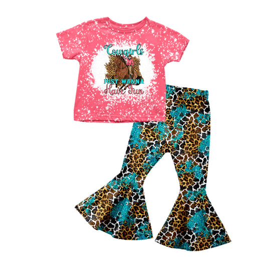 Baby Girls Short Sleeve Western Cowgirls Shirt Leopard Bell Pants Clothes Sets Preorder