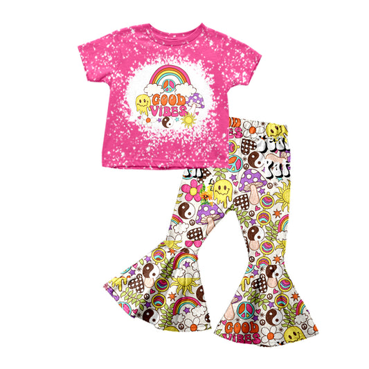 Baby Girls Rainbow Vibes Tee Shirts Top Bell Bottom Pants Clothes Sets Preorder