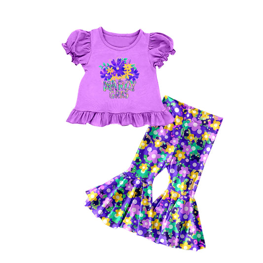 Baby Girls Mardi Gras Flowers Shirts Bell Bottom Pants Clothes Sets Preorder