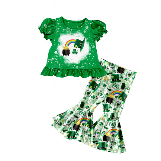 Baby Girls St Patrick Day Pocket Top Quatrefoil Bell Pants Clothes Sets Preorder