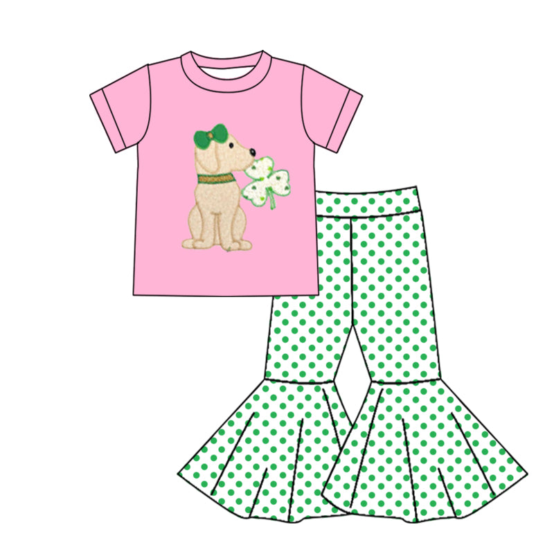 Baby Girls Pink Dog St Patrick Day Shirts Bell Pants Clothes Sets Preorder