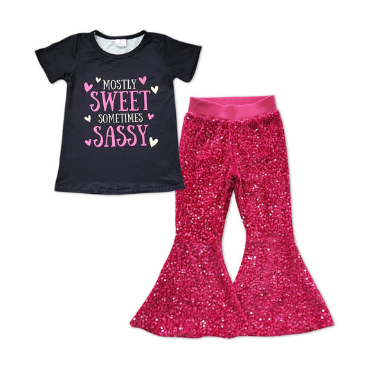 Baby Girls Mostly Sweet Sometimes Sassy Tee Dark Pink Sequin Pants Clothes Sets