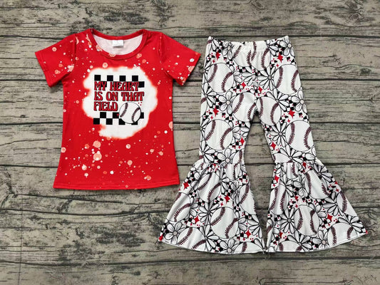 Baby Girls Baseball Red Top Flowers Bell Pants Clothes Sets
