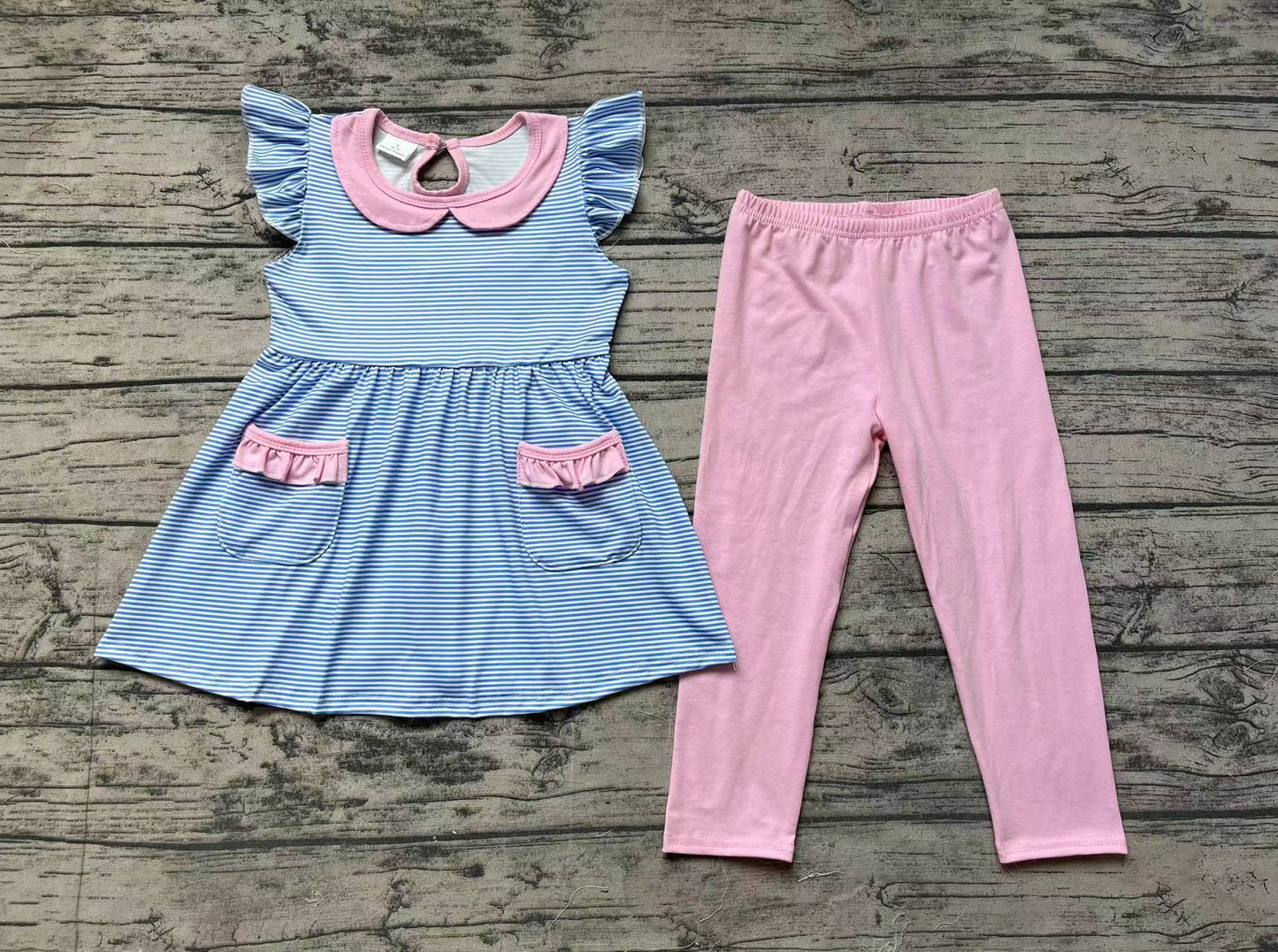 Baby Girls Blue Stripes Tunic Pockets Top Pink Legging Clothes Sets