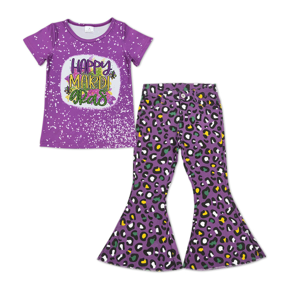 Baby Girls Mardi Gras Purple Tee Shirts Leopard Dots Jeans Bell Pants Clothes Sets