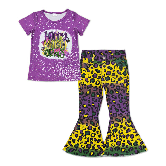 Baby Girls Mardi Gras Purple Tee Shirts Leopard Jeans Bell Pants Clothes Sets