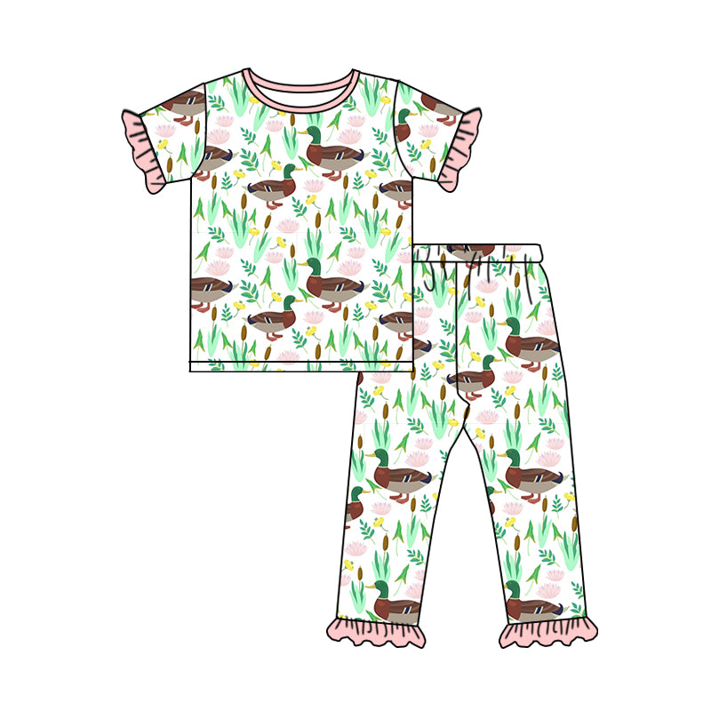 Baby Girls Duck Pink Tee Tops Ruffle Pants Pajamas Clothes Sets Preorder