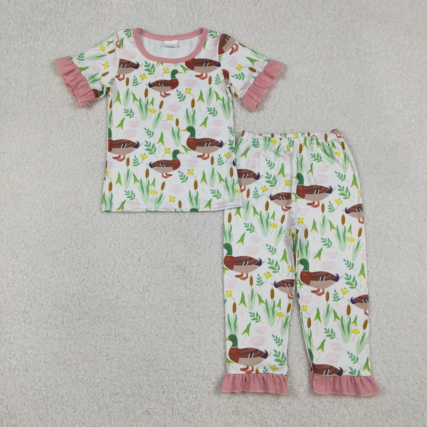 Sibling Baby Girls Pink Short Ruffle Sleeve Flowers Ducks Top Short Pants Pajamas Clothes Sets