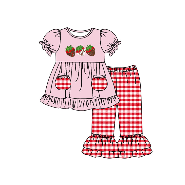 Baby Girls Pink Strabwerry Tunic Ruffle Pants Spring Clothes Sets Preorder