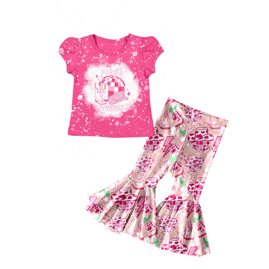 Baby Girls Pink Disco Western Cowgirl Shirts Top Bell Pants Clothes Sets Preorder