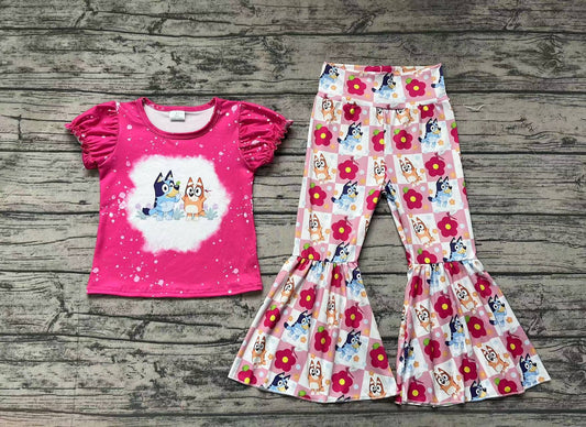 Baby Girls Pink Dogs Shirts Top Flowers Bell Pants Clothes Sets