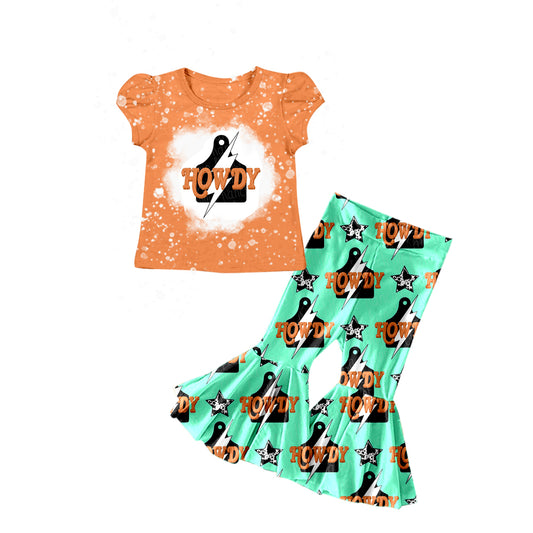 Baby Girls Western Howdy Orange Shirts Bell Pants Clothes Sets Preorder