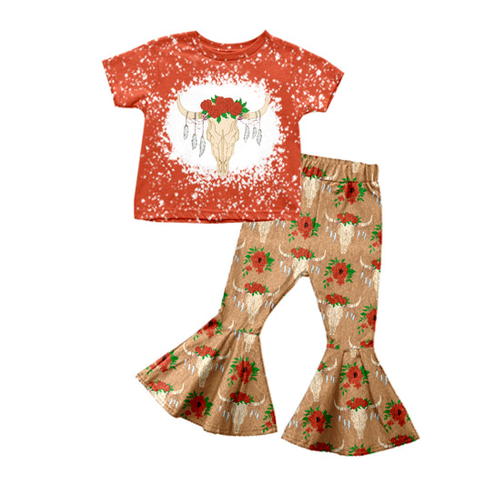 Baby Girls Short Sleeve Cow Skull Red Tee Shirts Top Bell Pants Clothes Sets Preorder