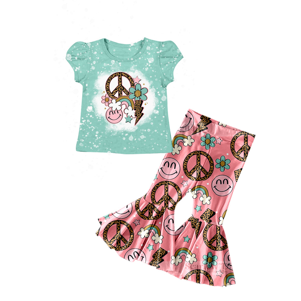 Baby Girls Peace Smile Western Top Bell Pants Clothes Sets Preorder