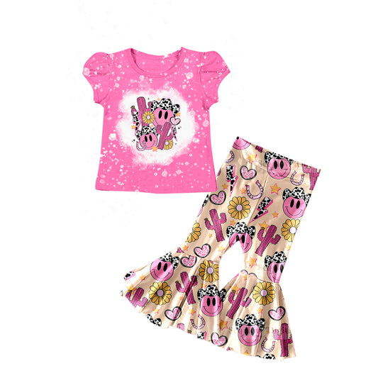 Baby Girls Pink Cactus Smile Flowers Western Top Bell Pants Clothes Sets Preorder