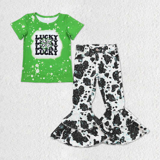 Baby Girls St Patrick Day Western Shirt Cow Denim Jeans Pants Clothes Sets