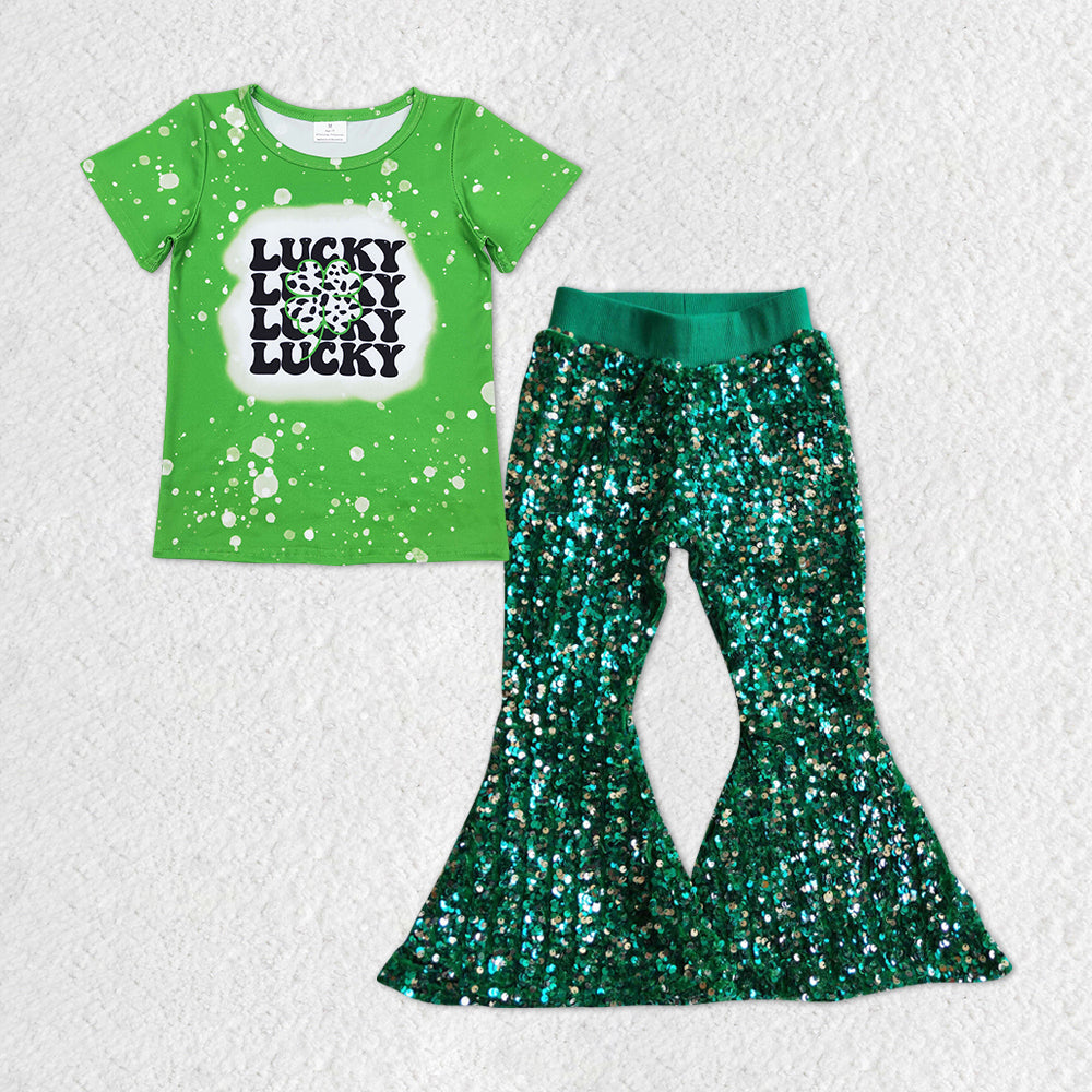 Baby Girls Lucky St Patrick Day Tee Top Dark Green Sequin Pants Clothes Sets