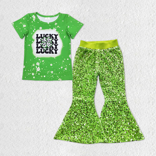 Baby Girls Lucky St Patrick Day Tee Top Green Sequin Pants Clothes Sets