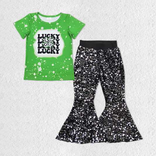 Baby Girls Lucky St Patrick Day Tee Top Black Sequin Pants Clothes Sets