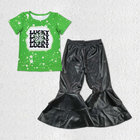 Baby Girls Lucky St Patrick Day Tee Top Black Leather Bell Pants Clothes Sets