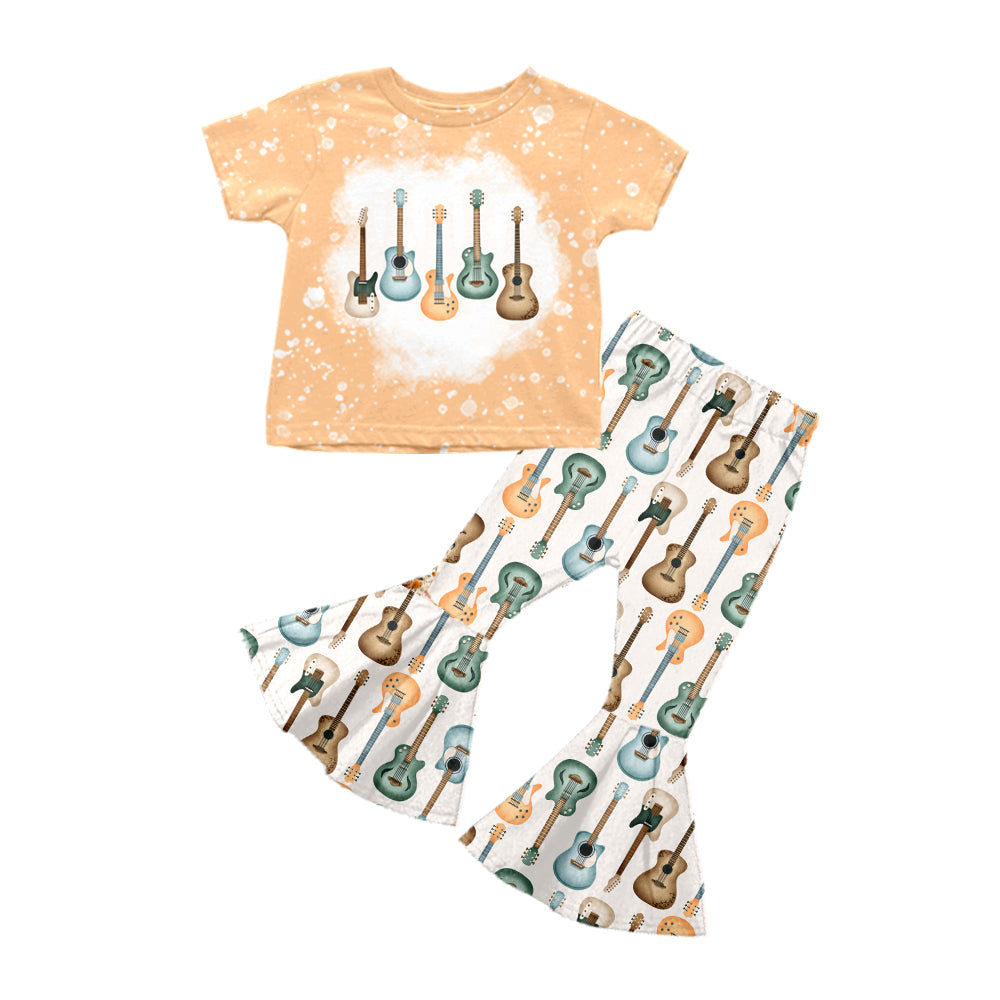 Baby Girls Guitar Short Sleeve Shirt Western Music Bell Pants Clothes Sets Preorder