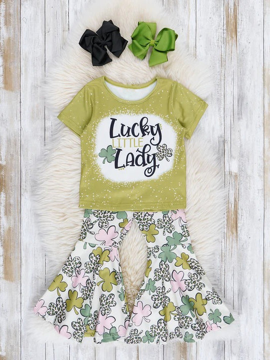 Baby Girls Lucky Little Lady Shirt Quatrefoil Bell Pants Clothes Sets Preorder