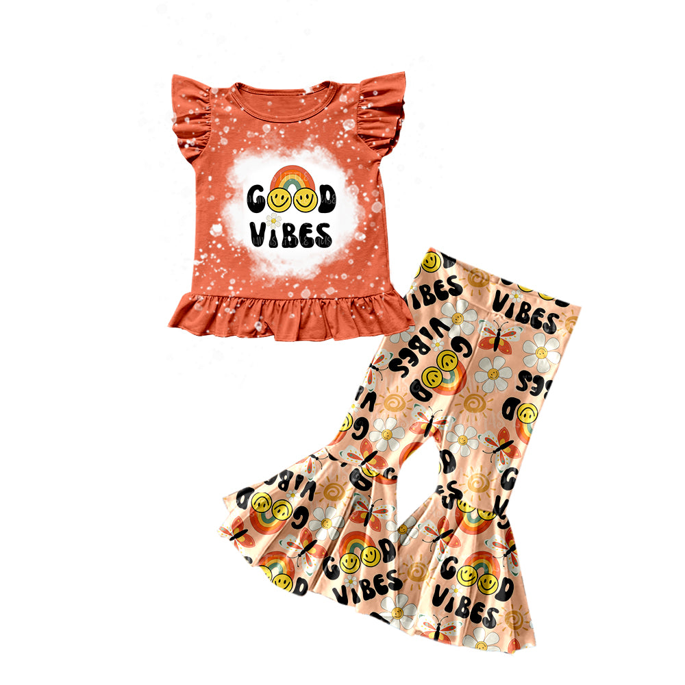 Baby Girls Good Vibes Short Sleeve Shirt Butterfly Pants Outfits Clothing Sets Preorder