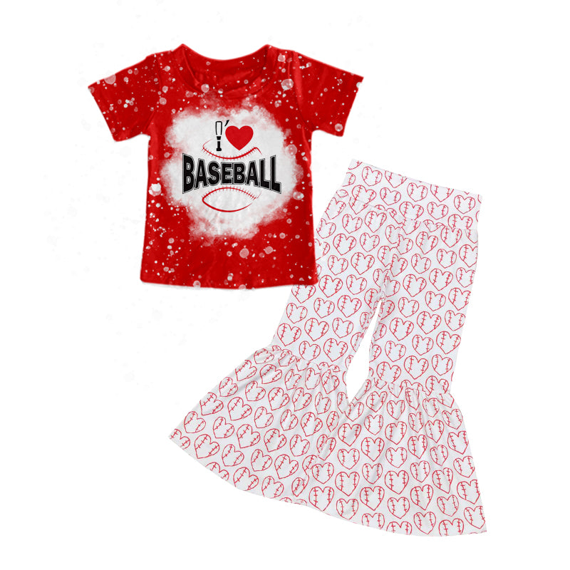 Baby Girls I Love Baseball Red Shirt Top Bell Pants Clothes Sets Preorder