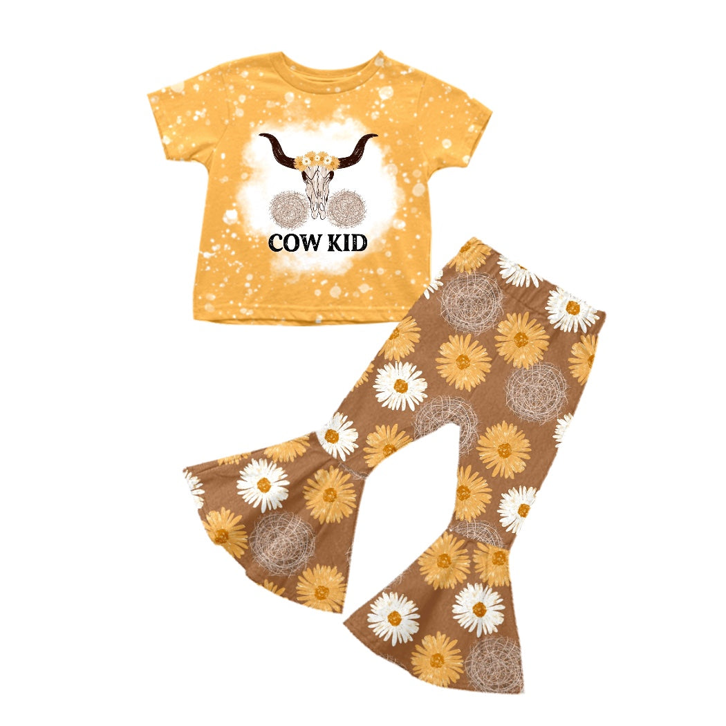 Baby Girls Cow Kid Shirt Flowers Bell Pants Western Clothes Sets Preorder