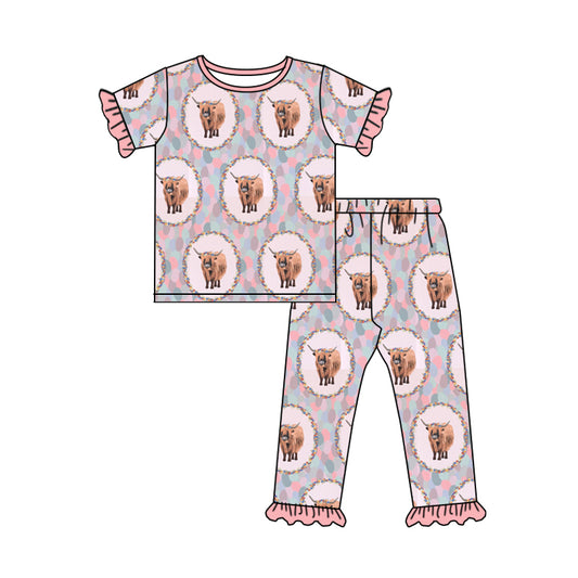 Baby Girls Highland Cow Shirt Top Ruffle Pants Pajamas Clothes Sets Preorder