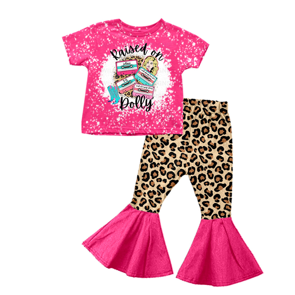 Preorder moq 5 Baby Girls Pink Singer Western Raised Shirt Leopard Bell Pants Clothes Sets