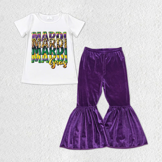 Baby Girls Happy Mardi Gras Shirt Purple Velvet Bell Pants Clothes Sets