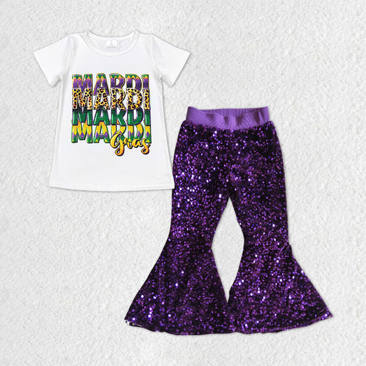 Baby Girls Mardi Gras White Tee Top Purple Sequin Bell Pants Clothes Sets