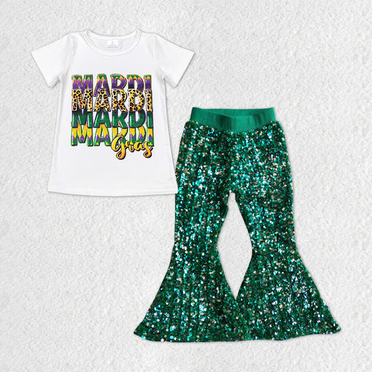 Baby Girls Mardi Gras White Tee Top Green Sequin Bell Pants Clothes Sets