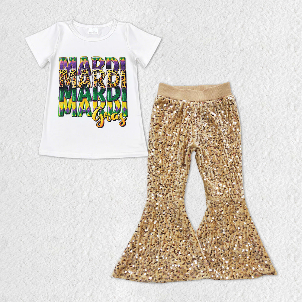 Baby Girls Mardi Gras White Tee Top Golden Sequin Bell Pants Clothes Sets