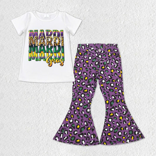 Baby Girls Mardi Gras Shirt Holiday Purple Leopard Denim Jeans Pants Clothes Sets