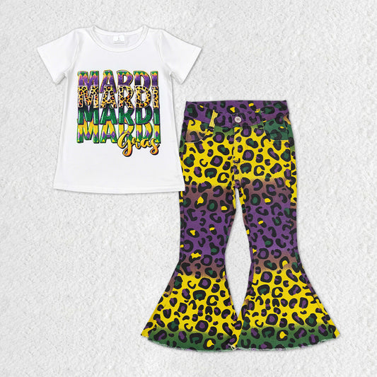 Baby Girls Mardi Gras Shirt Purple Leopard Denim Jeans Pants Clothes Sets