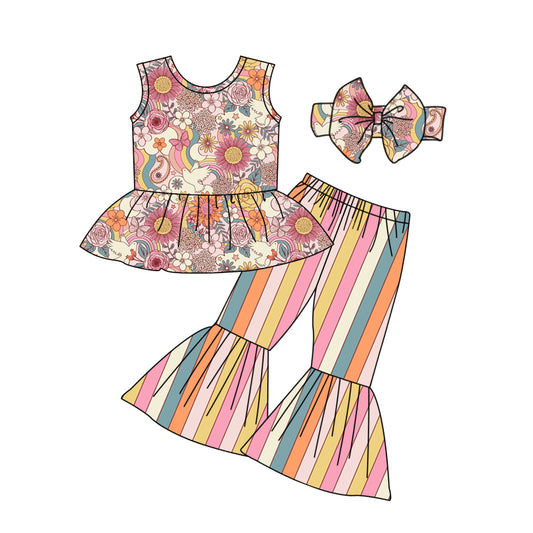 Baby Girls Flowers Tunic Shirt Stripes Bell Pants Clothes Sets Preorder