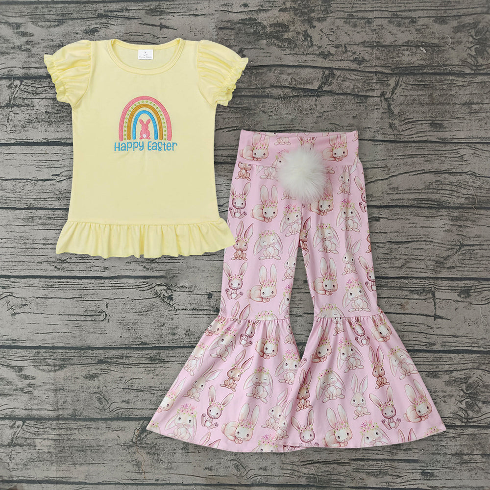 Baby Girls Happy Easter Rainbow Embroidery Shirt Top Bell Pants Clothes Sets