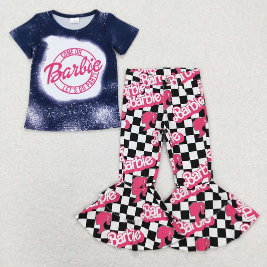 Baby Girls Doll Party Shirt Black Checkered Bell Denim Jeans Pants Clothes Sets