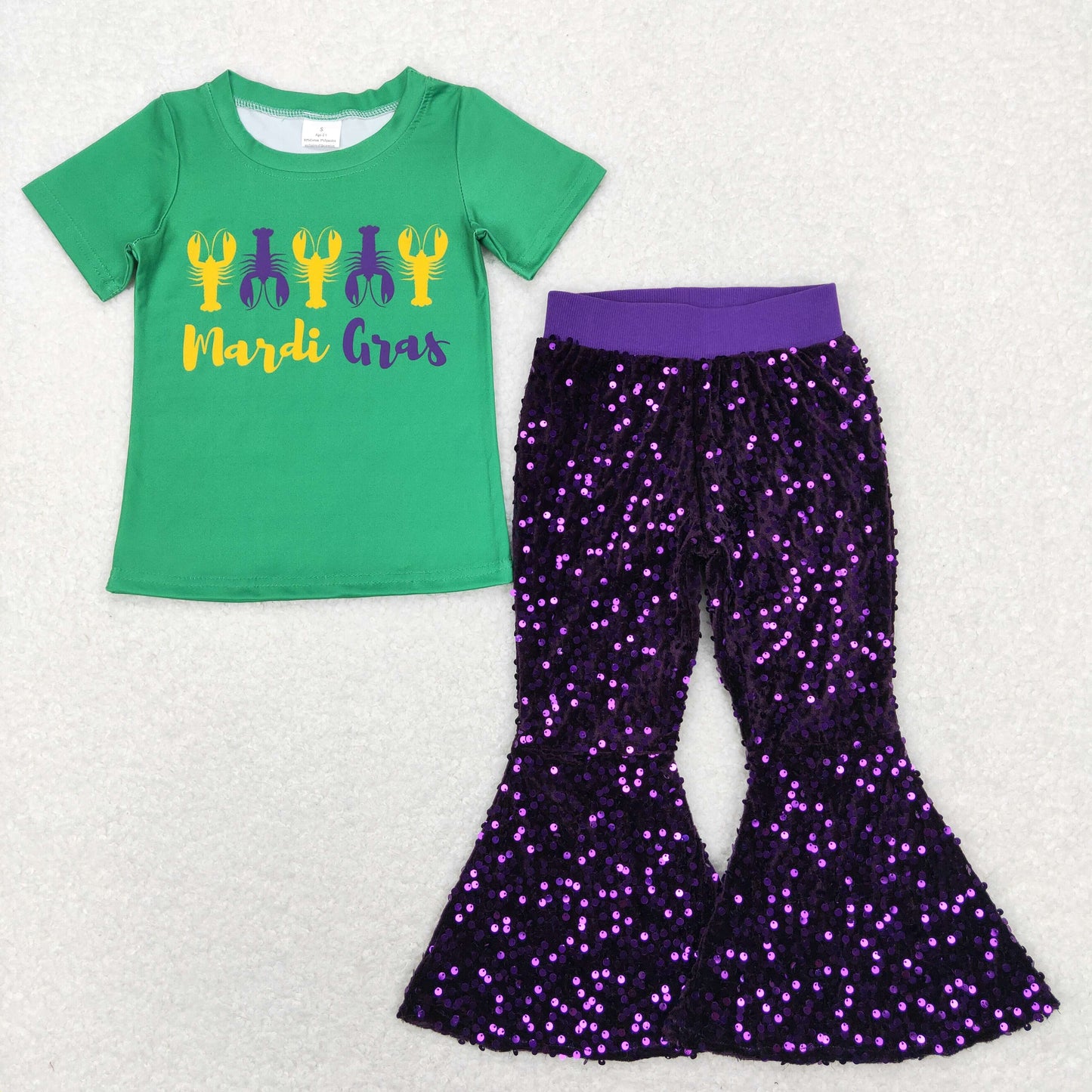 Baby Girls Mardi Gras Green Crawfish Tee Top Purple Sequin Bell Pants Clothes Sets