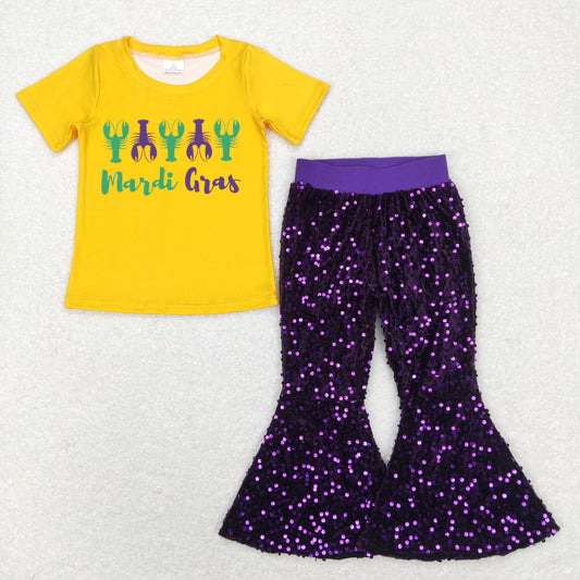 Baby Girls Mardi Gras Crawfish Tee Top Purple Sequin Bell Pants Clothes Sets