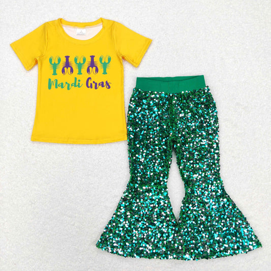 Baby Girls Mardi Gras Crawfish Tee Top Green Sequin Bell Pants Clothes Sets