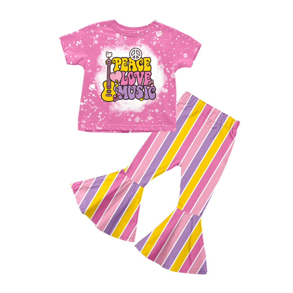 Baby Girls Peace Love Music Tee Top Stripes Bell Pants Clothes Sets Preorder