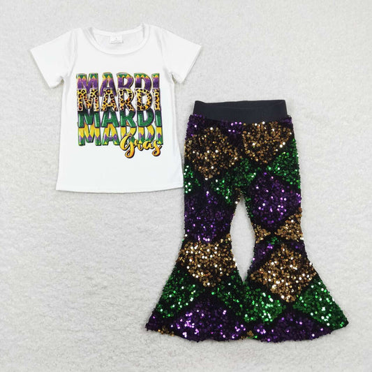 Sibling Baby Girls Mardigras Top Sequin Checked Bell Bottom Pants Clothes Sets