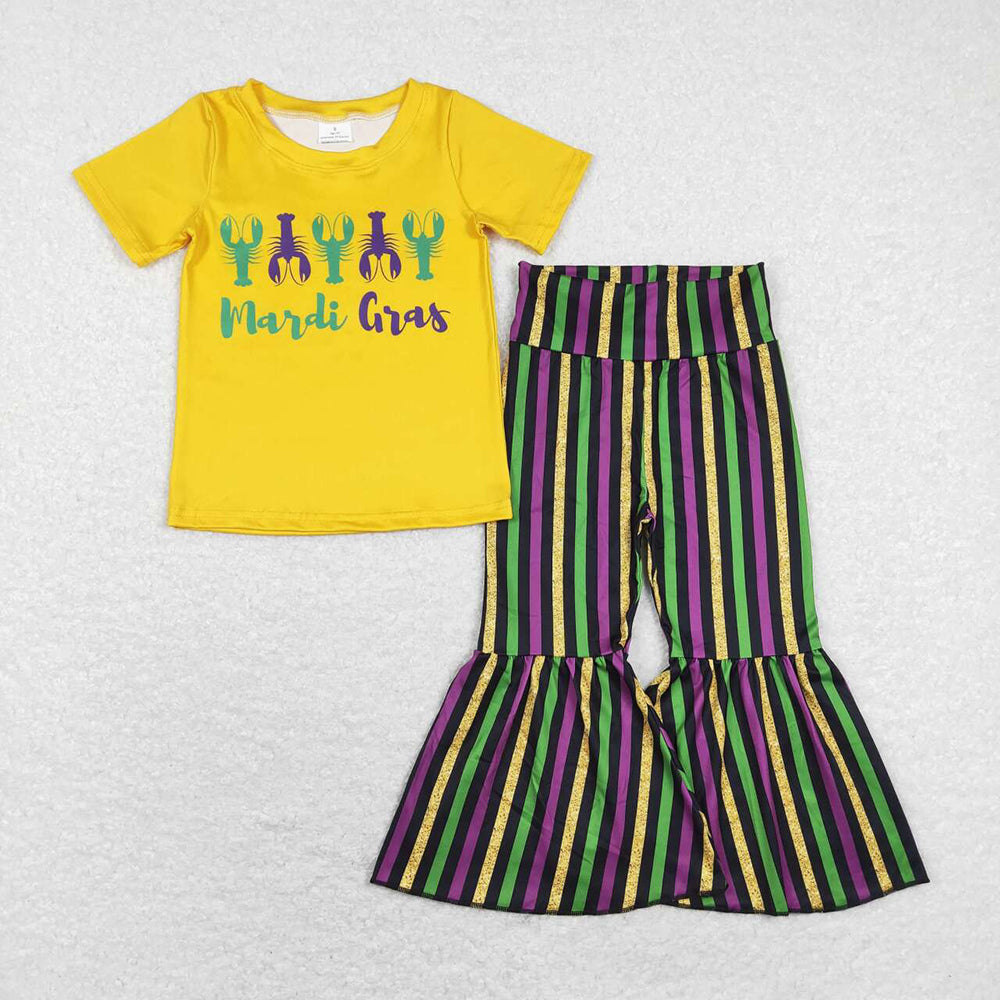 Baby Girls Mardi Gras Crawfish Shirt Stripes Bell Pants Clothes Sets