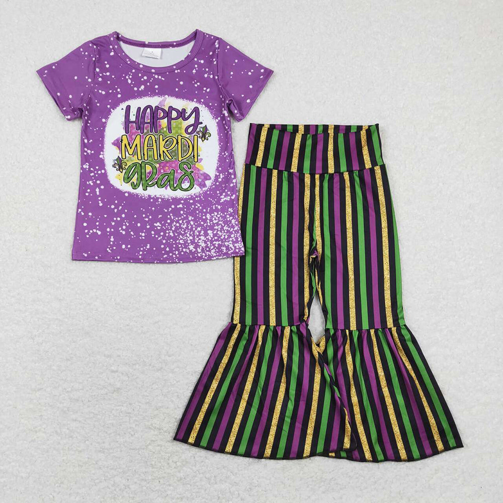 Baby Girls Happy Mardi Gras Shirt Stripes Bell Pants Clothes Sets