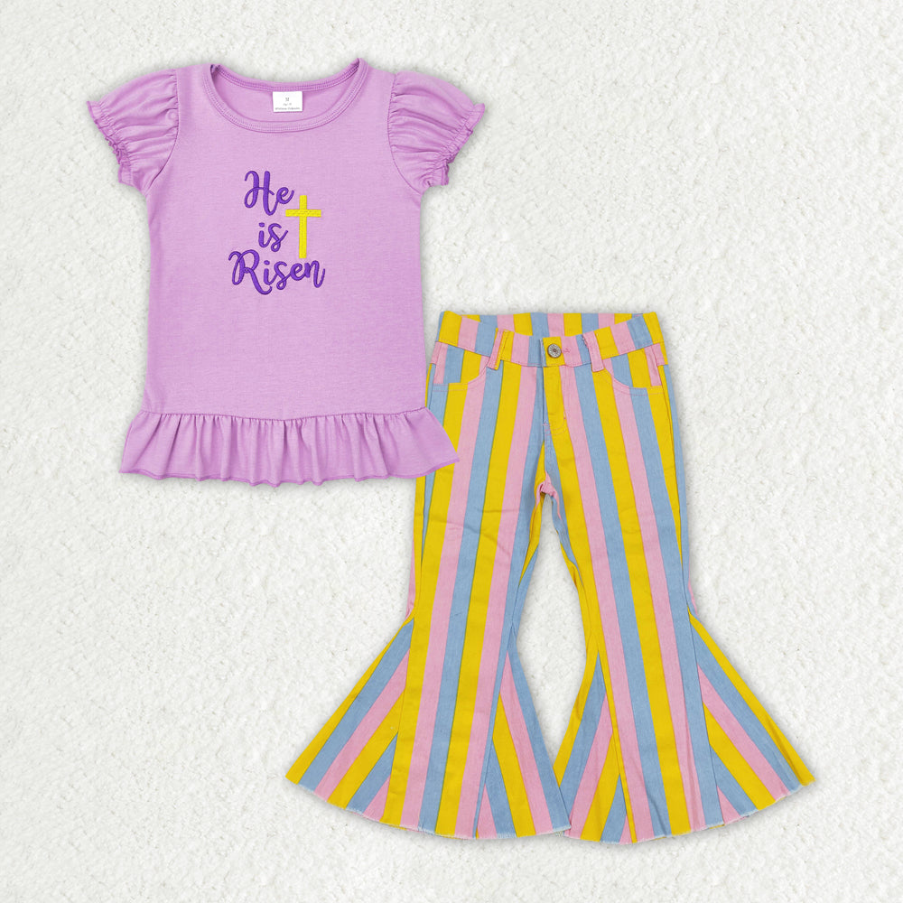 Baby Girls He Is Risen Lavender Shirt Stripes Bell Denim Jeans Pants Clothes Sets