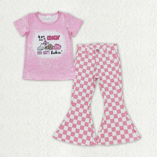 Baby Girls Pink Slippers Shirt Checkered Denim Jeans Pants Clothes Sets